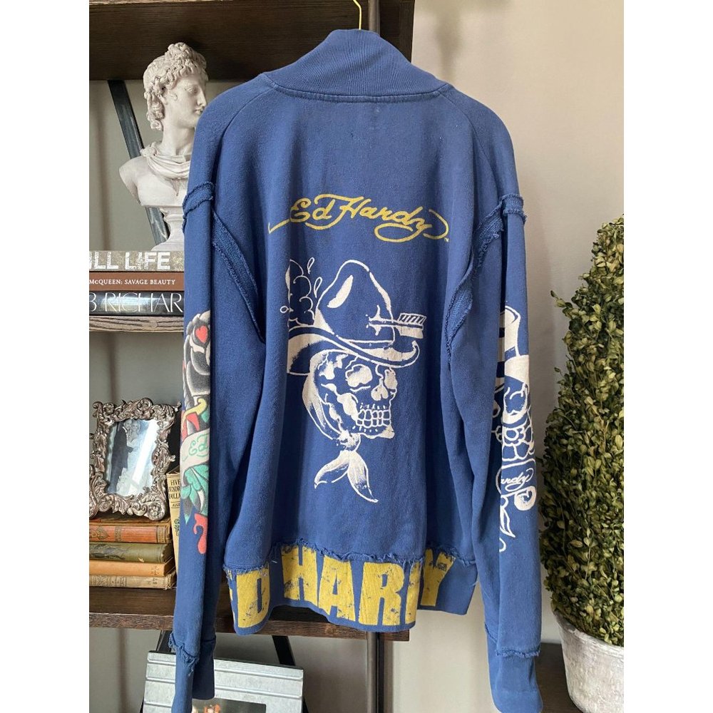 Ed Hardy Y2K Zip Front Sweatshirt Blue XL - Picture 2 of 8